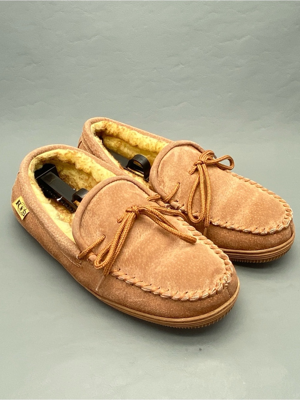 RJS Fuzzies Mens Size 11 M11 Suede Leather Moccasin Slippers Fur Lined Shoes
